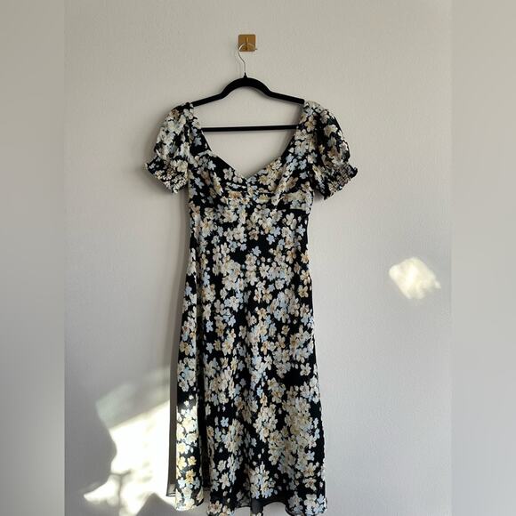 Adrianna Papell Black Floral Midi Dress Romantic Cottagecore Puff Sleeve Size 2 - Picture 2 of 7